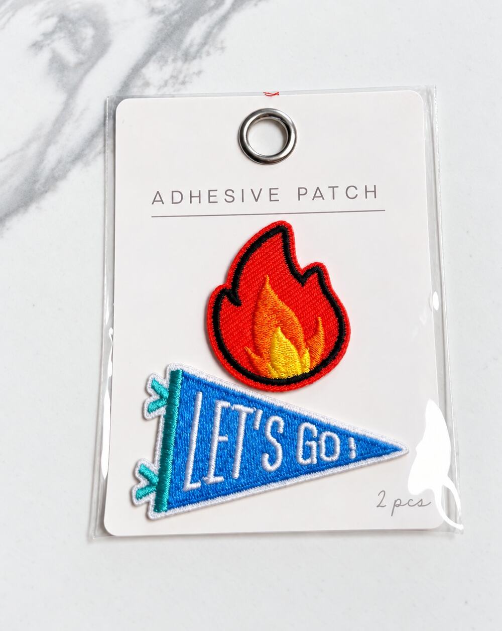 2 Pc Adhesive Patch Set Fire Flame Let’s Go Pennant Embroidered Iron On Style